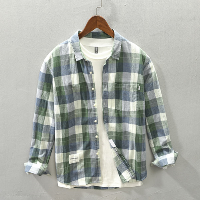 새로운 봄 여름 격자 무늬 남성 셔츠 100% 코튼 긴팔 셔츠 일본식 캐주얼 셔츠 오피스 남성 고품질 의류